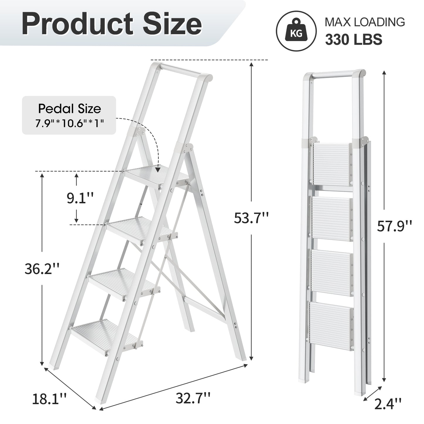 Culaccino Step Ladder 4 Step Folding Step Stool Silver White