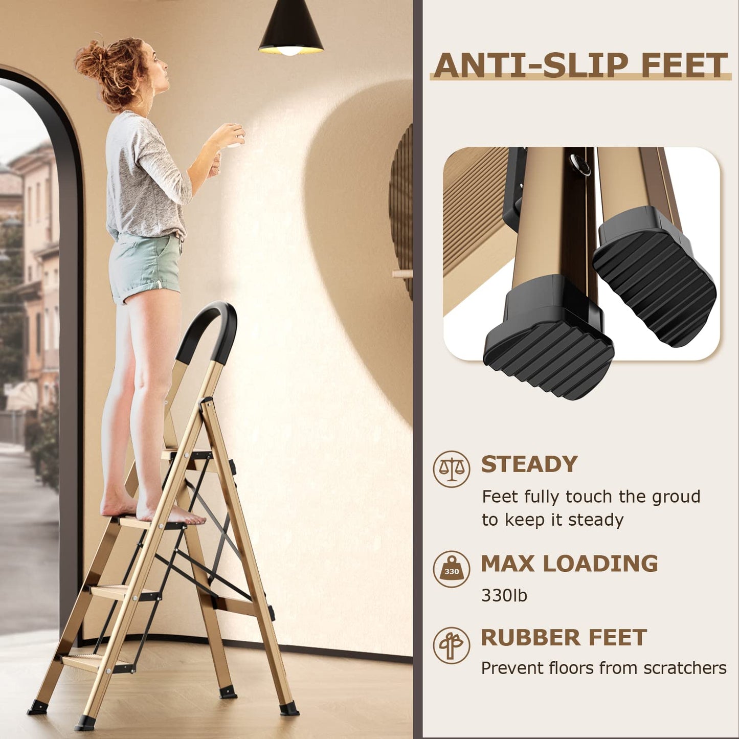 Culaccino 4 Step Ladder with Handgrip Brown Gold