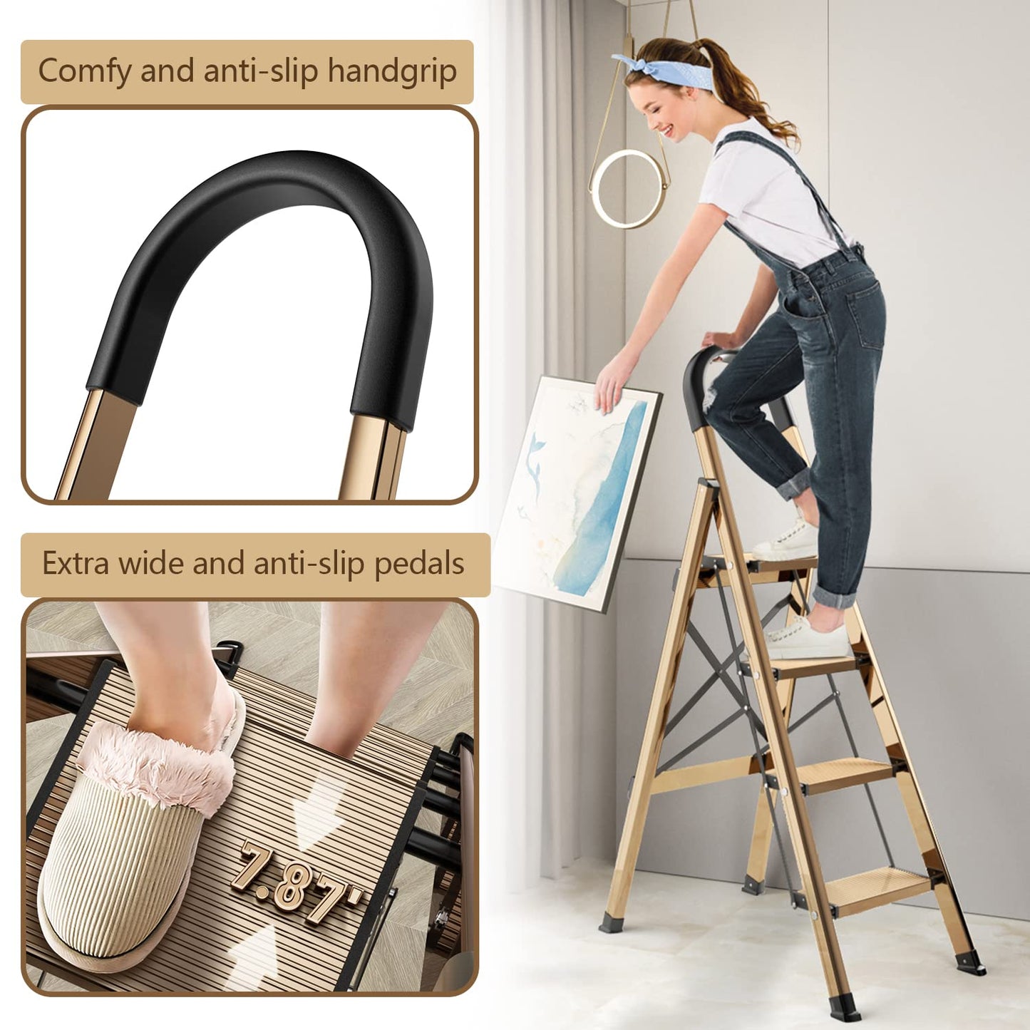 Culaccino 4 Step Ladder with Handgrip Brown Gold